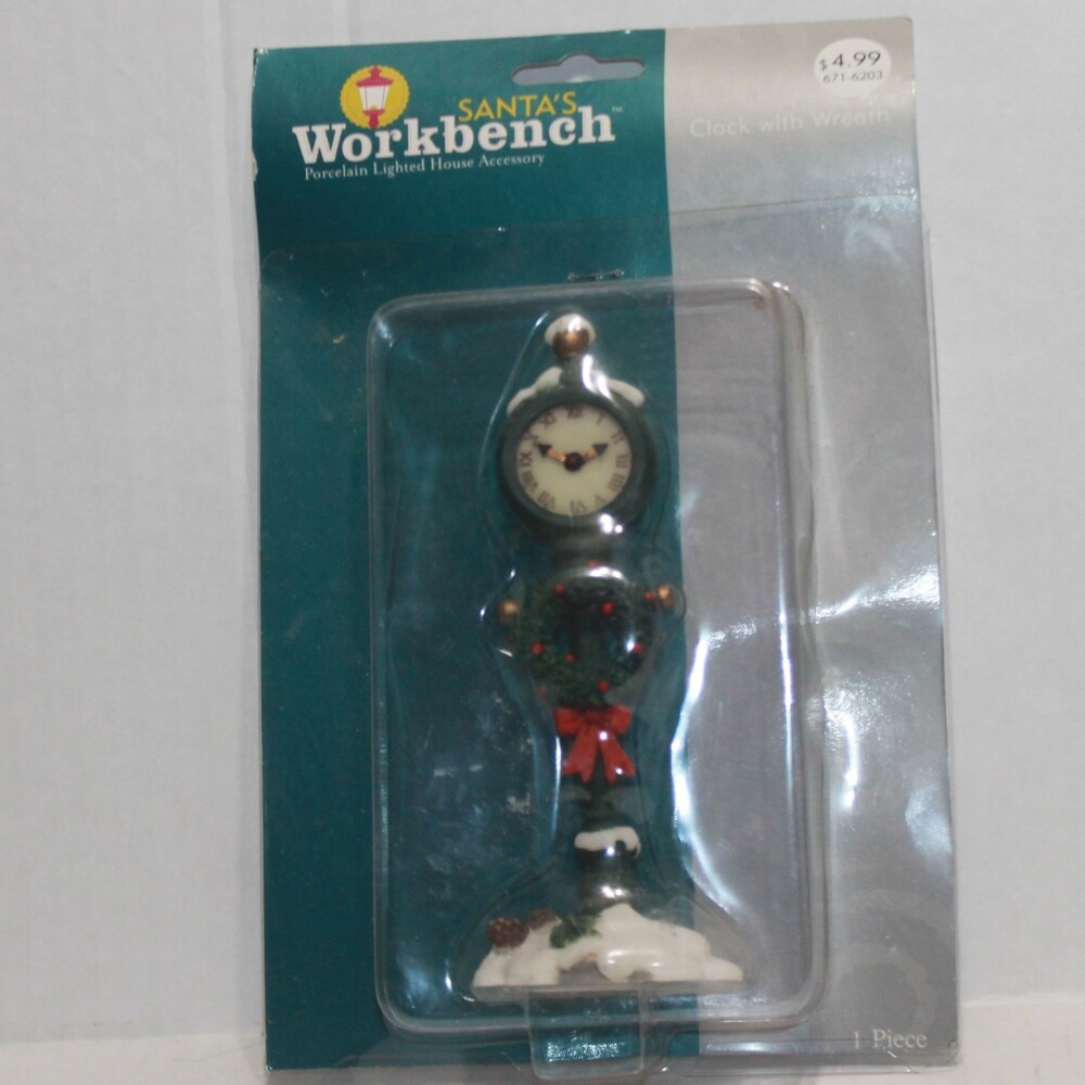 O'Well Santa's Workbench Clock With Wreath Christmas Village Clock